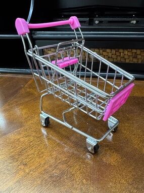 Mini Metal Doll Shopping Cart Pink Rolling Wheels 5” Tall